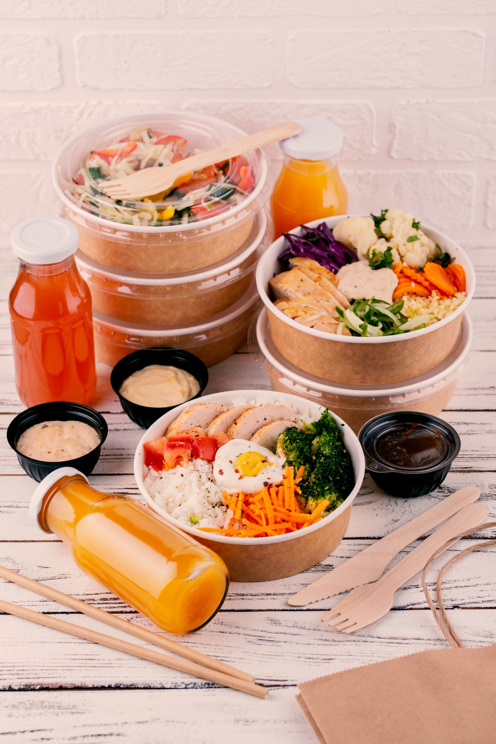 A variety of healthy takeout meals including salads, grain bowls with chicken and vegetables, and juices in bottles.